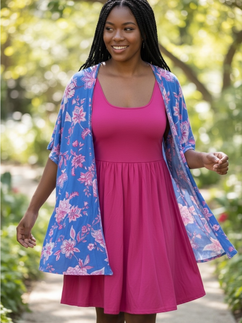 NWT Dear Scarlett Blue Floral Kimono/Cover-up with Pink Blooms One Size